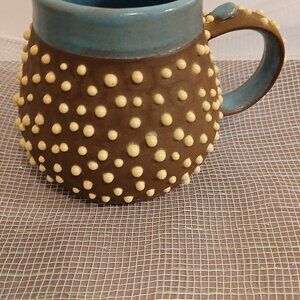 Unique Pottery Belly Mug-Brown and Blue with Pearl Drips-Signed Ay